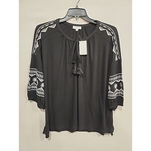 Westbound NWT Tunic Blouse Womens 2X Black 3/4 Sleeve Embroidered‎ Boho Casual